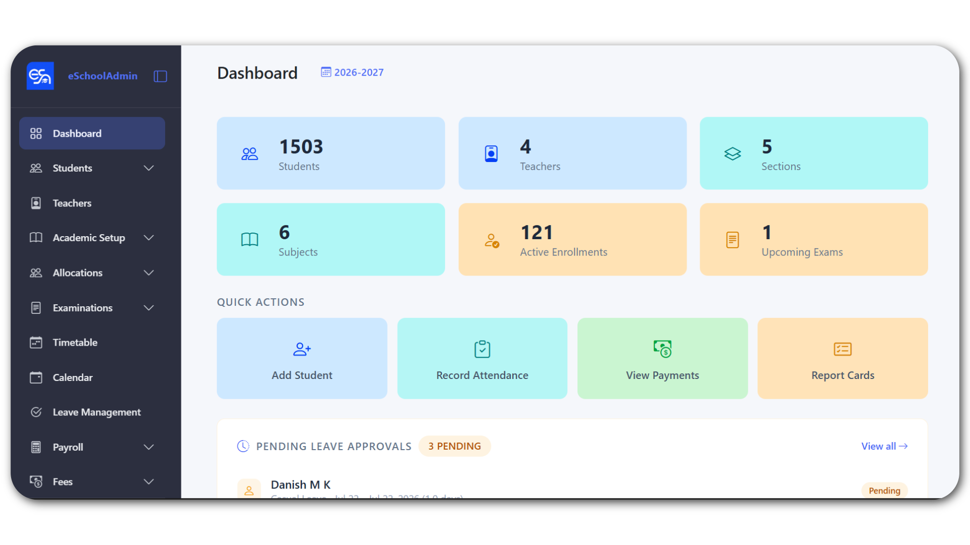 eSchoolAdmin dashboard showing school metrics and quick actions