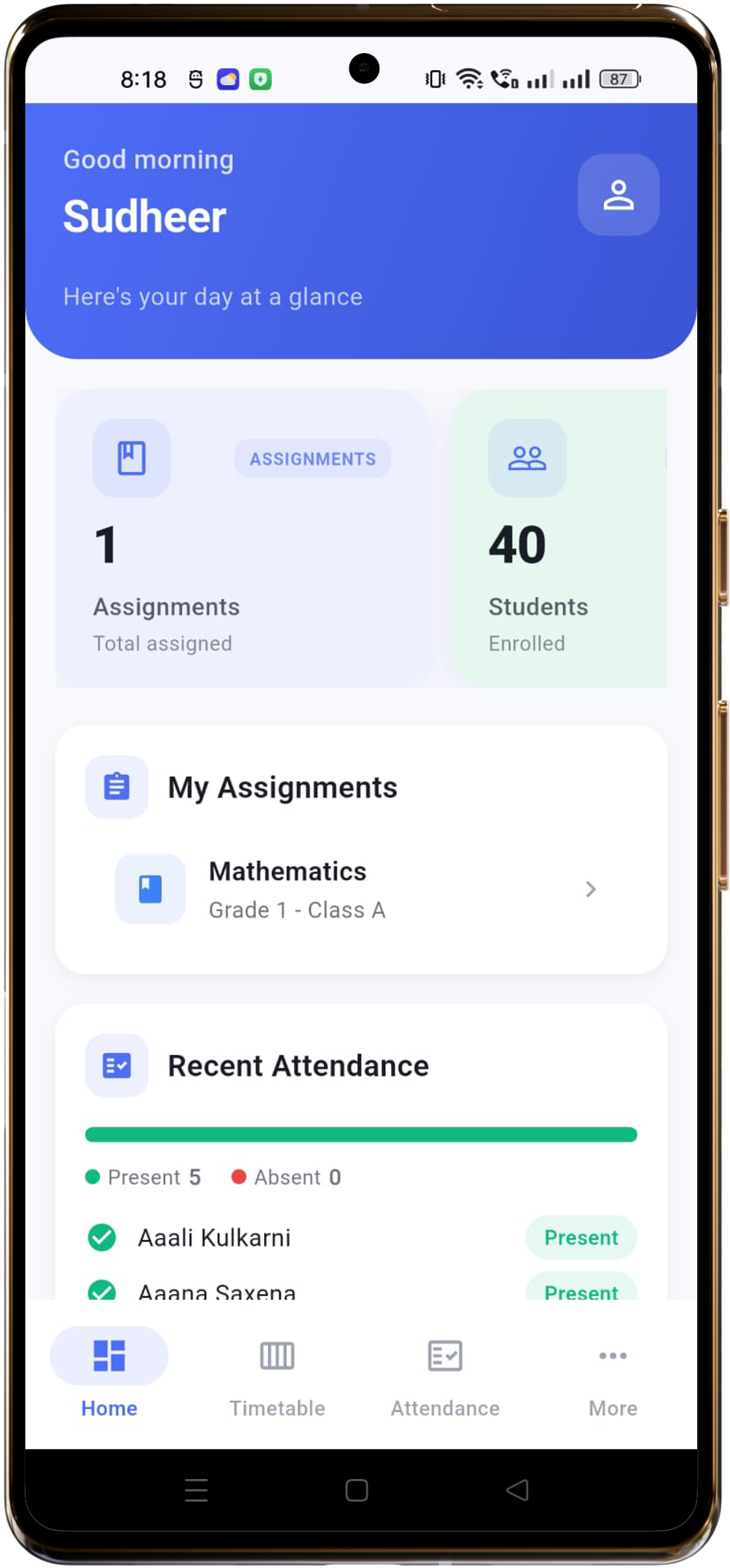 eSchoolAdmin mobile dashboard shown on a phone