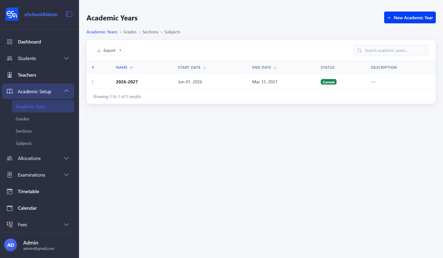 Academic Years list showing 2026-2027 year with Current status