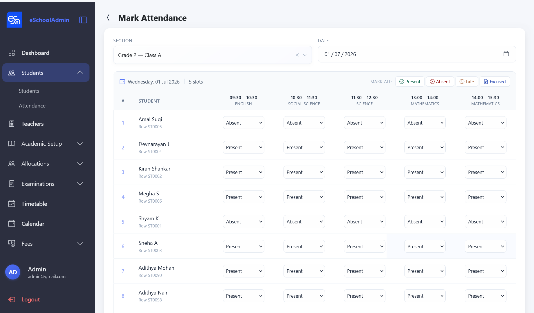 Mark Attendance form with section selector, date picker, and student list with time slot attendance dropdowns