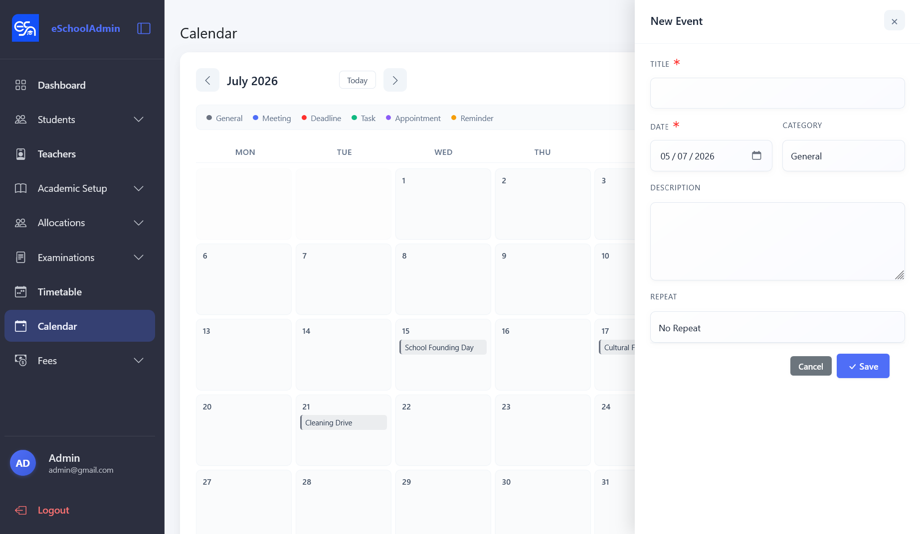 New Event modal with title, date, category, description, and repeat fields