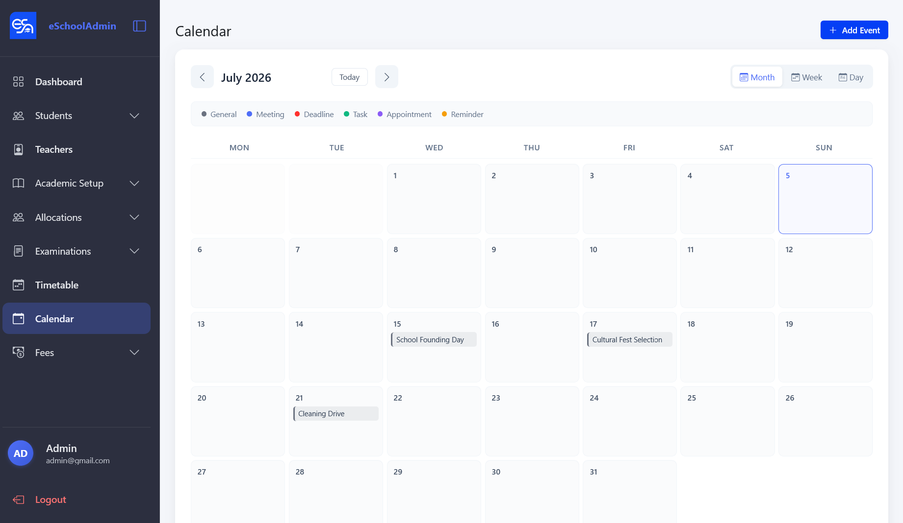 Calendar showing July 2026 with events like School Founding Day and Cultural Fest Selection