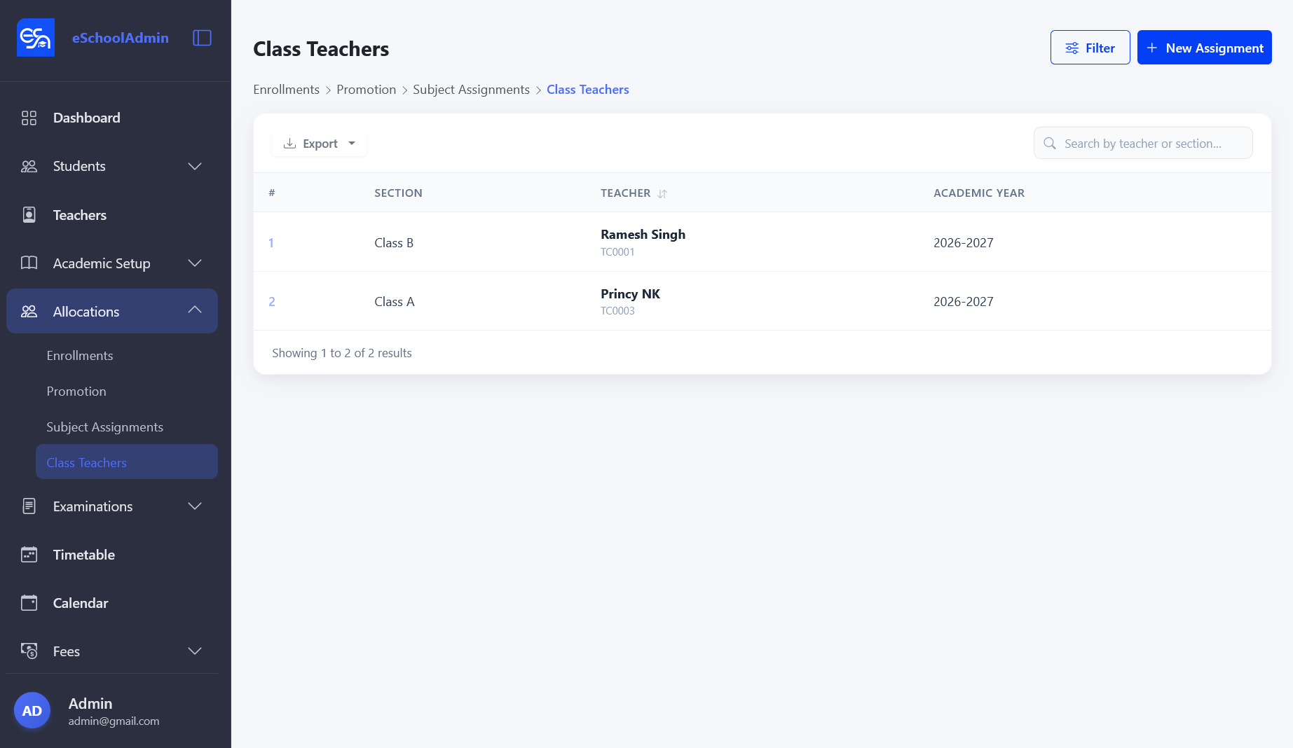 Class Teachers list showing section, teacher name, and academic year