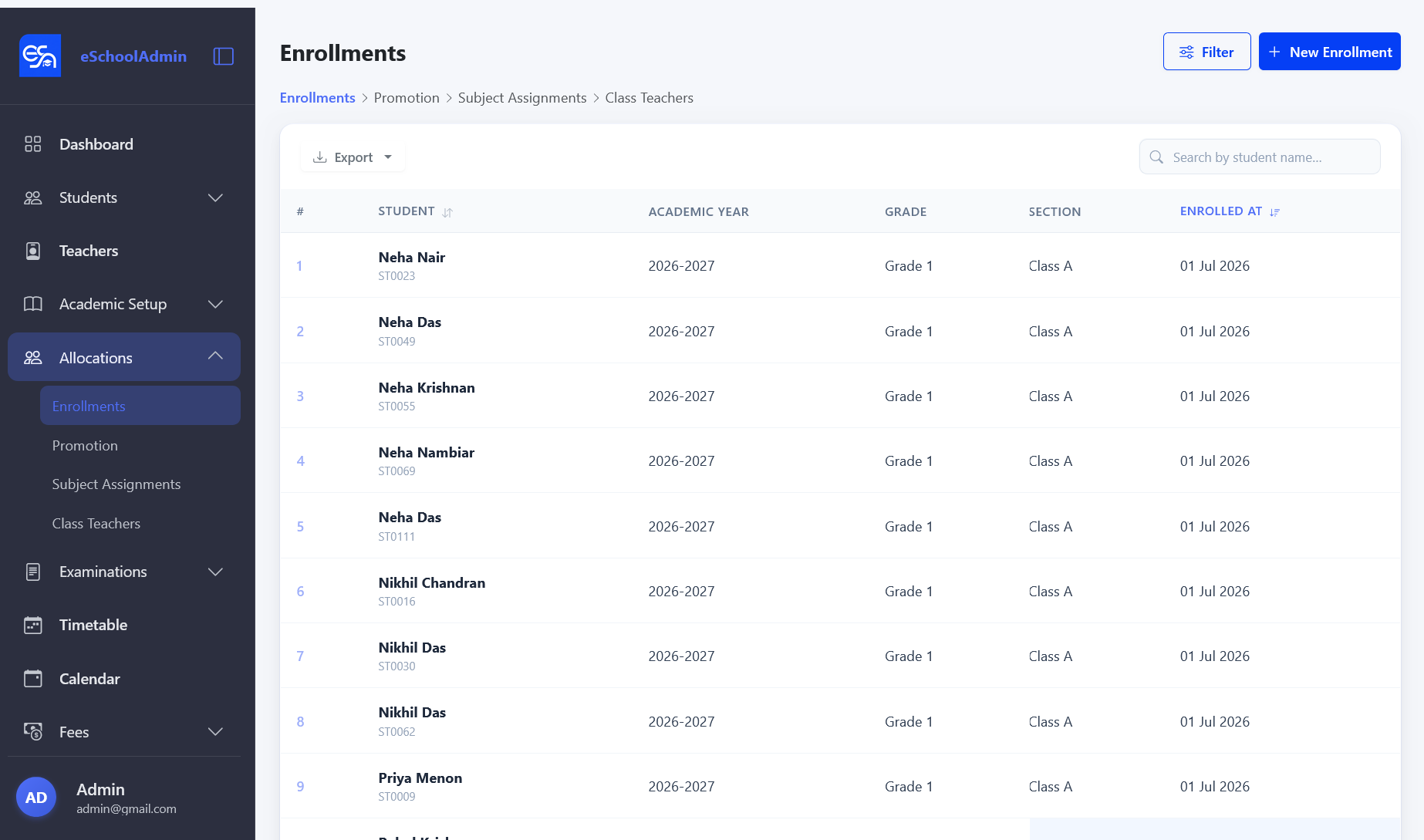 Enrollments list showing students, academic year, grade, section, and enrollment date