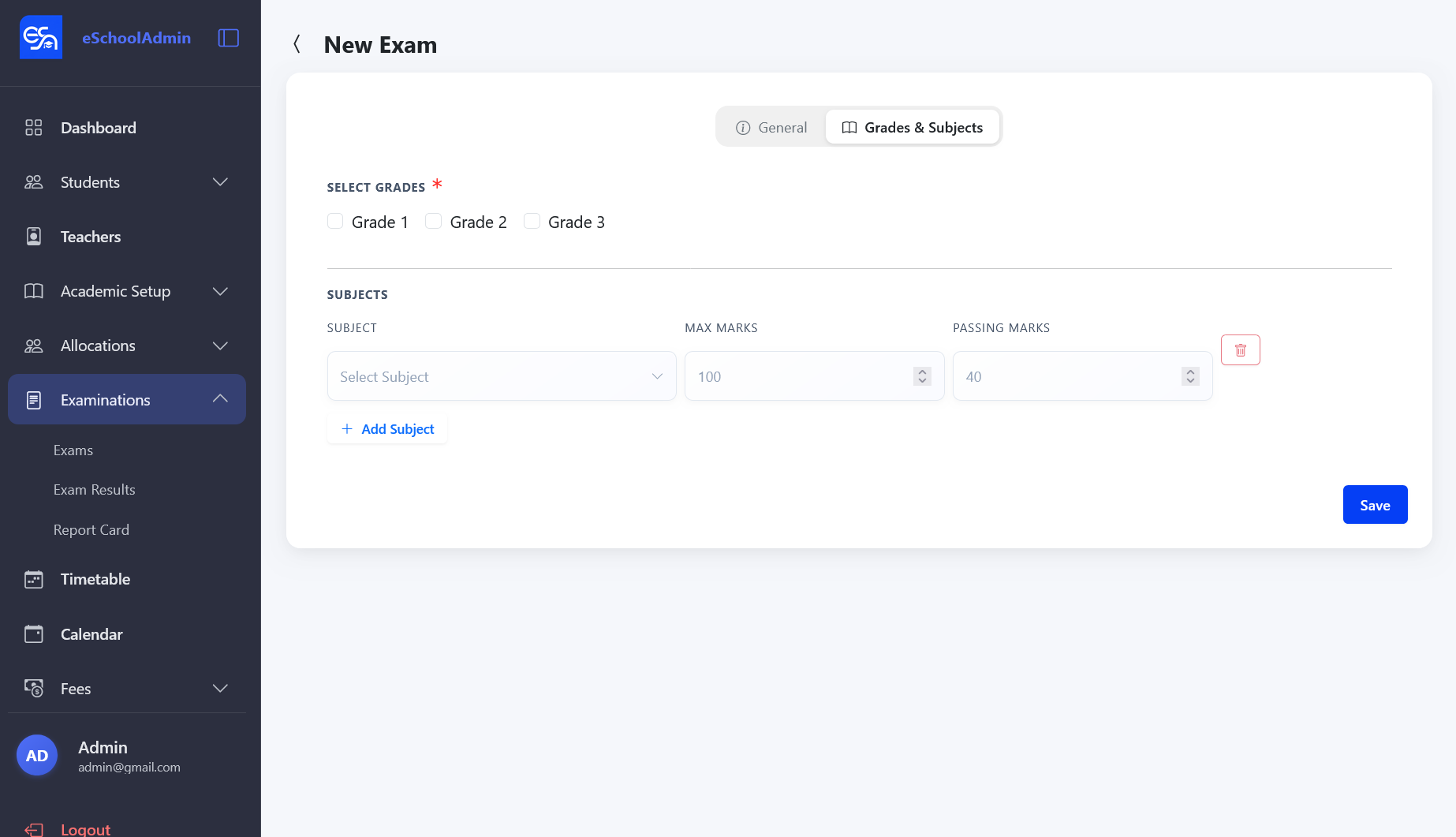 New Exam Grades and Subjects tab showing grade selection and subject configuration