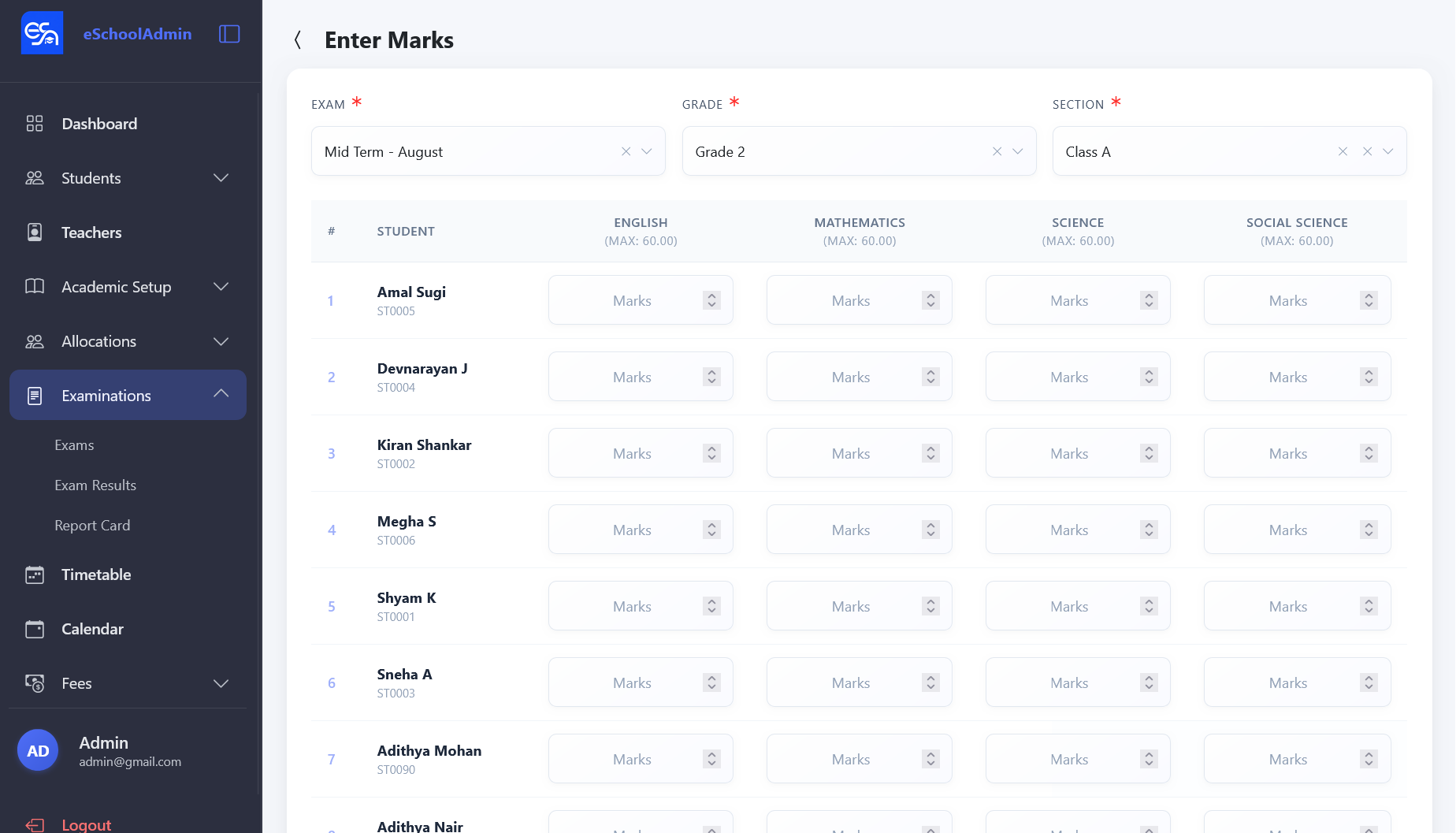 Enter Marks form with exam, grade, section selectors and student marks grid