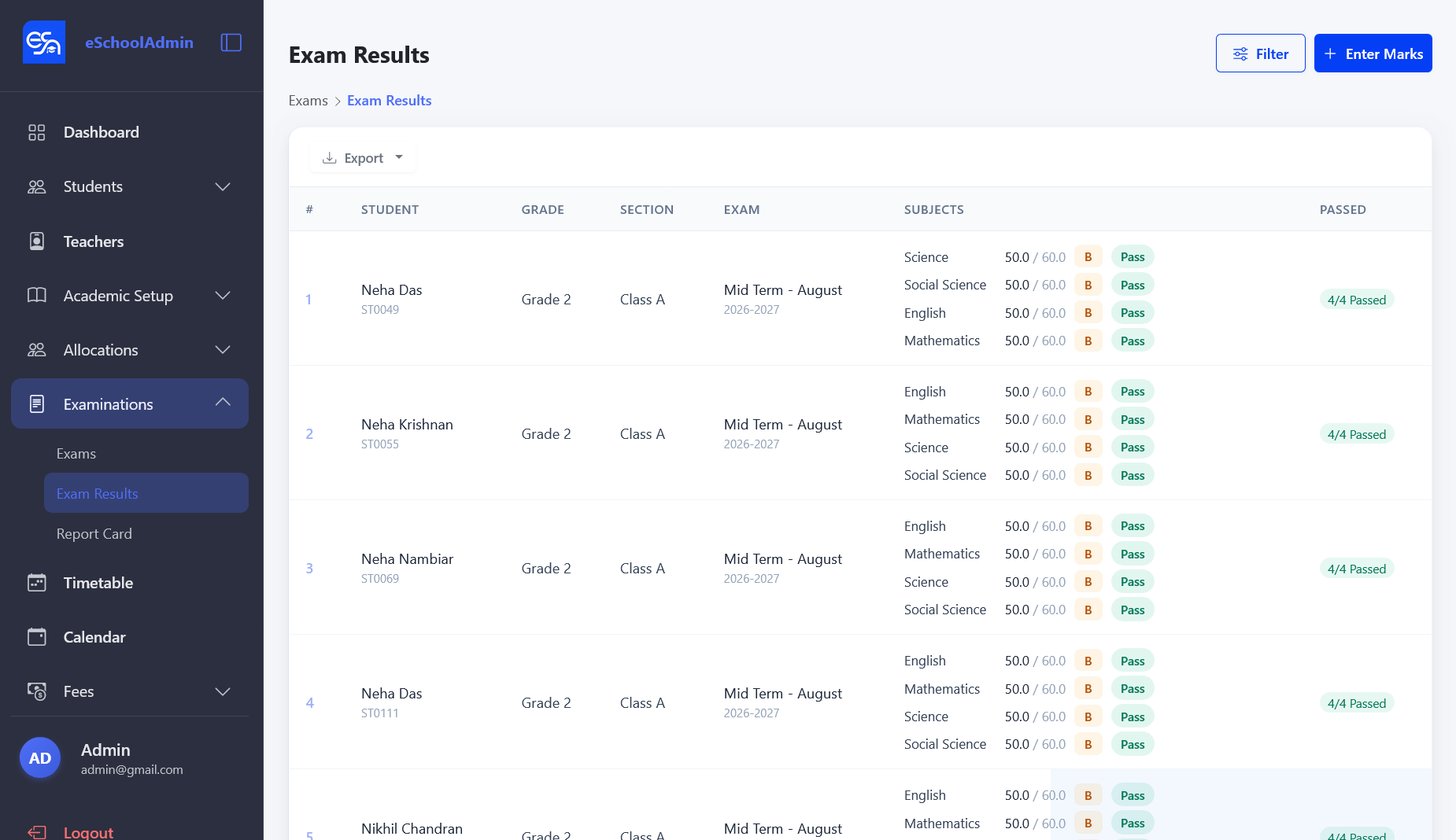 Exam Results list showing students with subject scores, grades, and pass/fail status