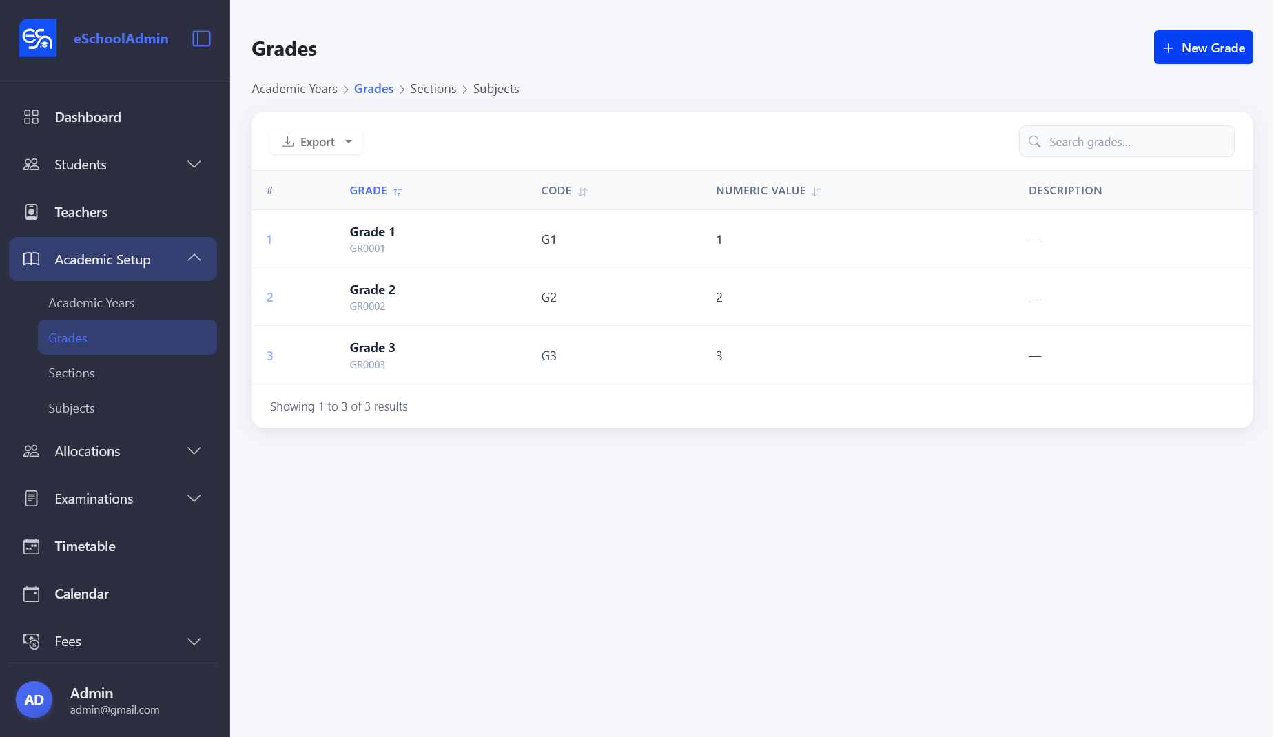 Grades list showing Grade 1, Grade 2, and Grade 3