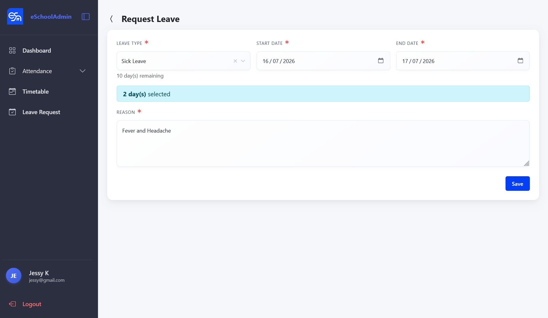Leave Types list with name, slug, and annual quota