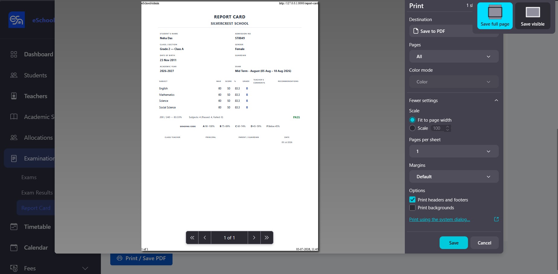 Print preview of a Report Card showing student info, subject scores, grades, and pass status