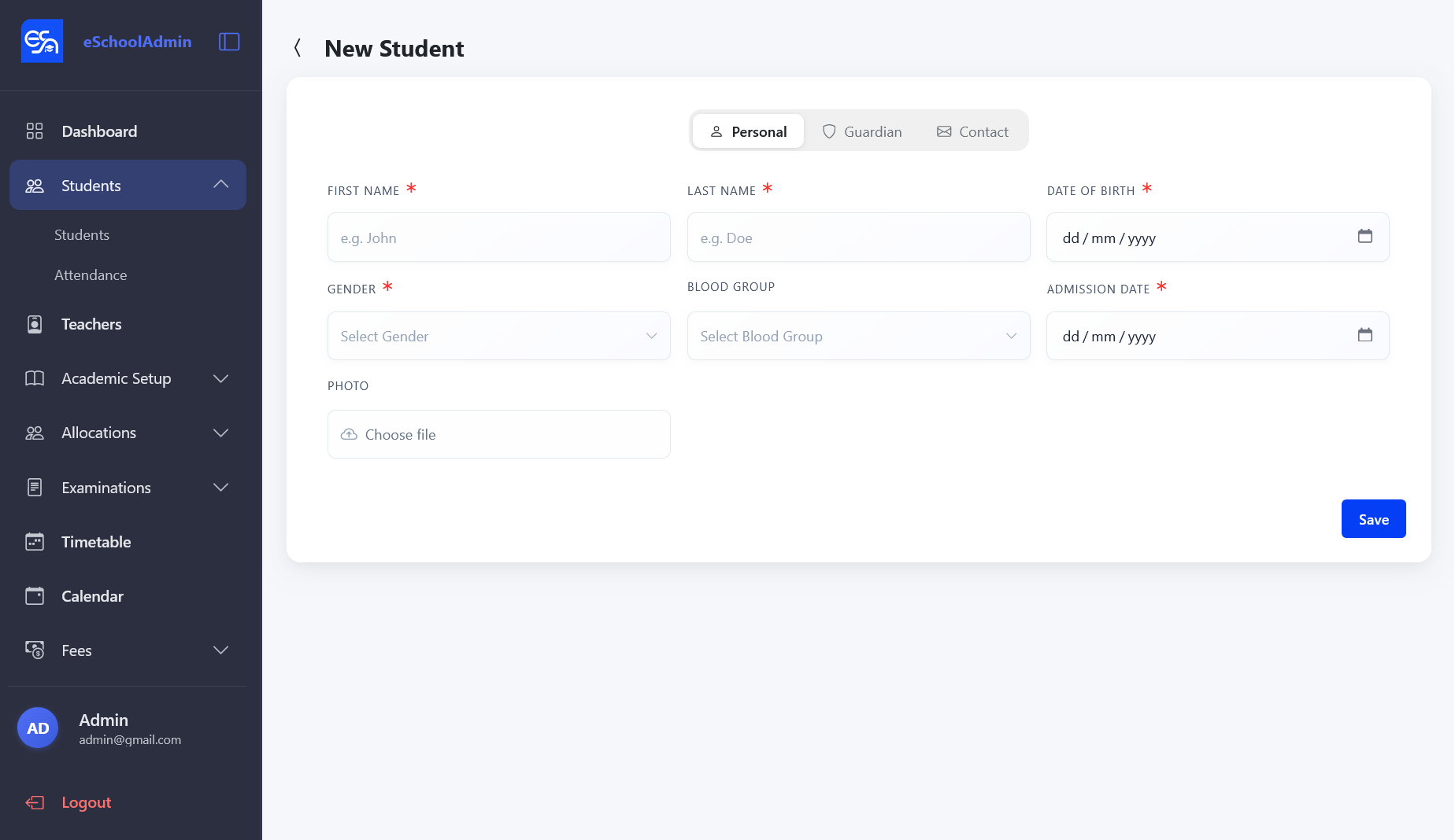 New Student form with Personal tab showing name, DOB, gender, blood group, and photo upload