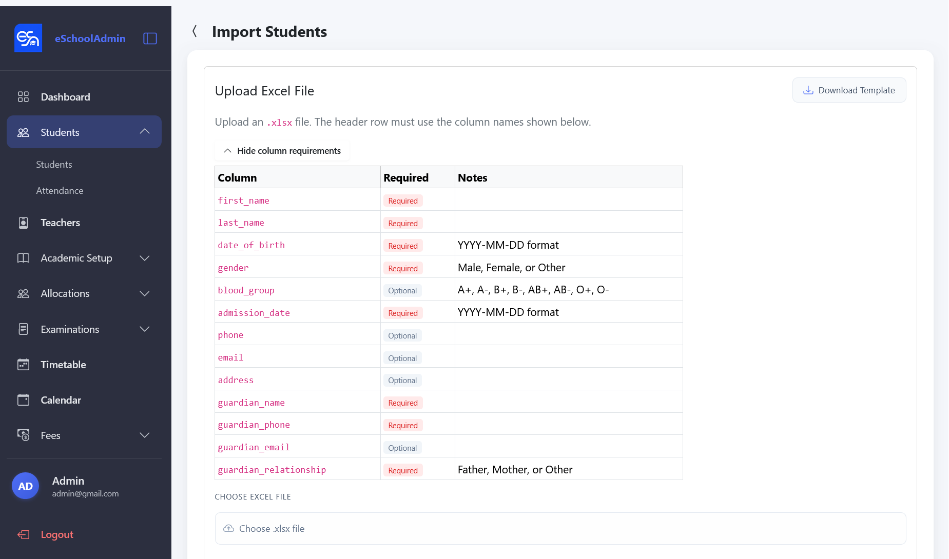 Import Students page showing Excel upload with column requirements table