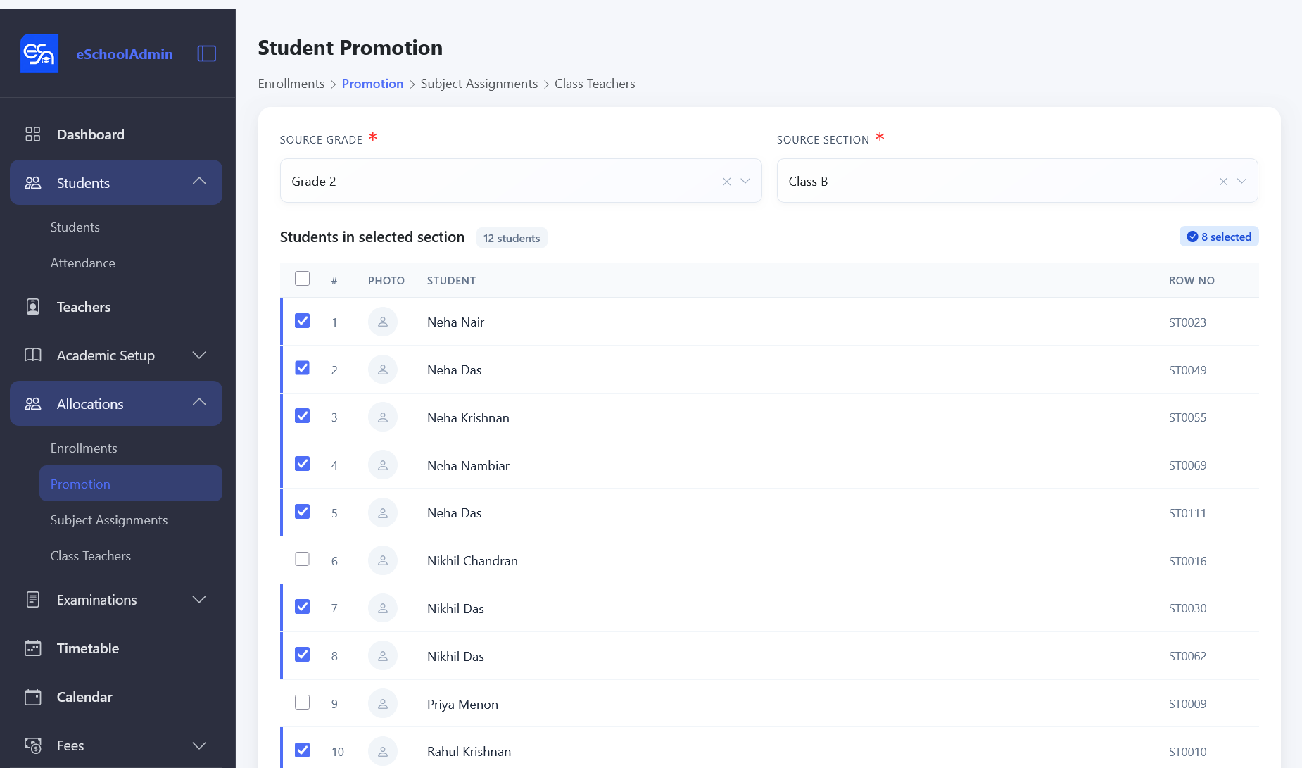 Student Promotion interface showing source grade/section and student list with checkboxes