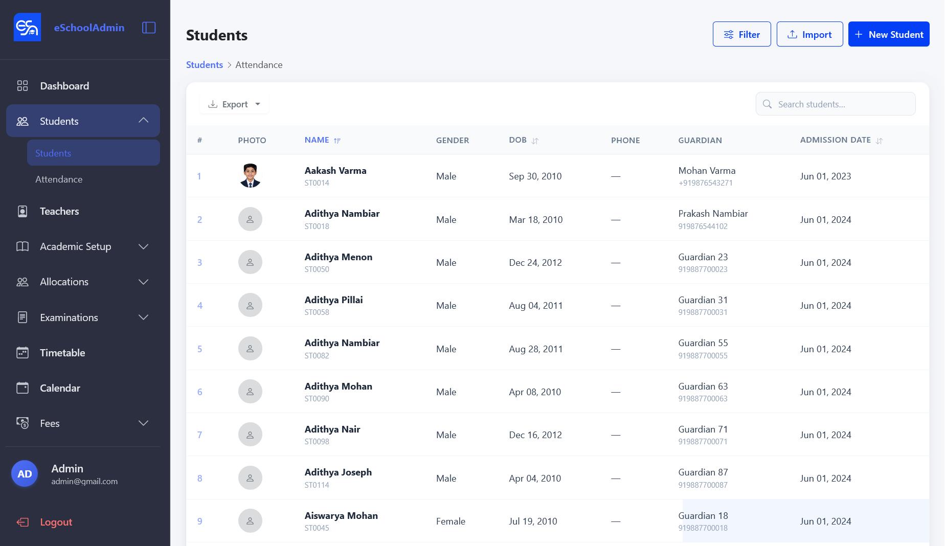 Students list with photos, names, gender, DOB, phone, guardian, and admission date