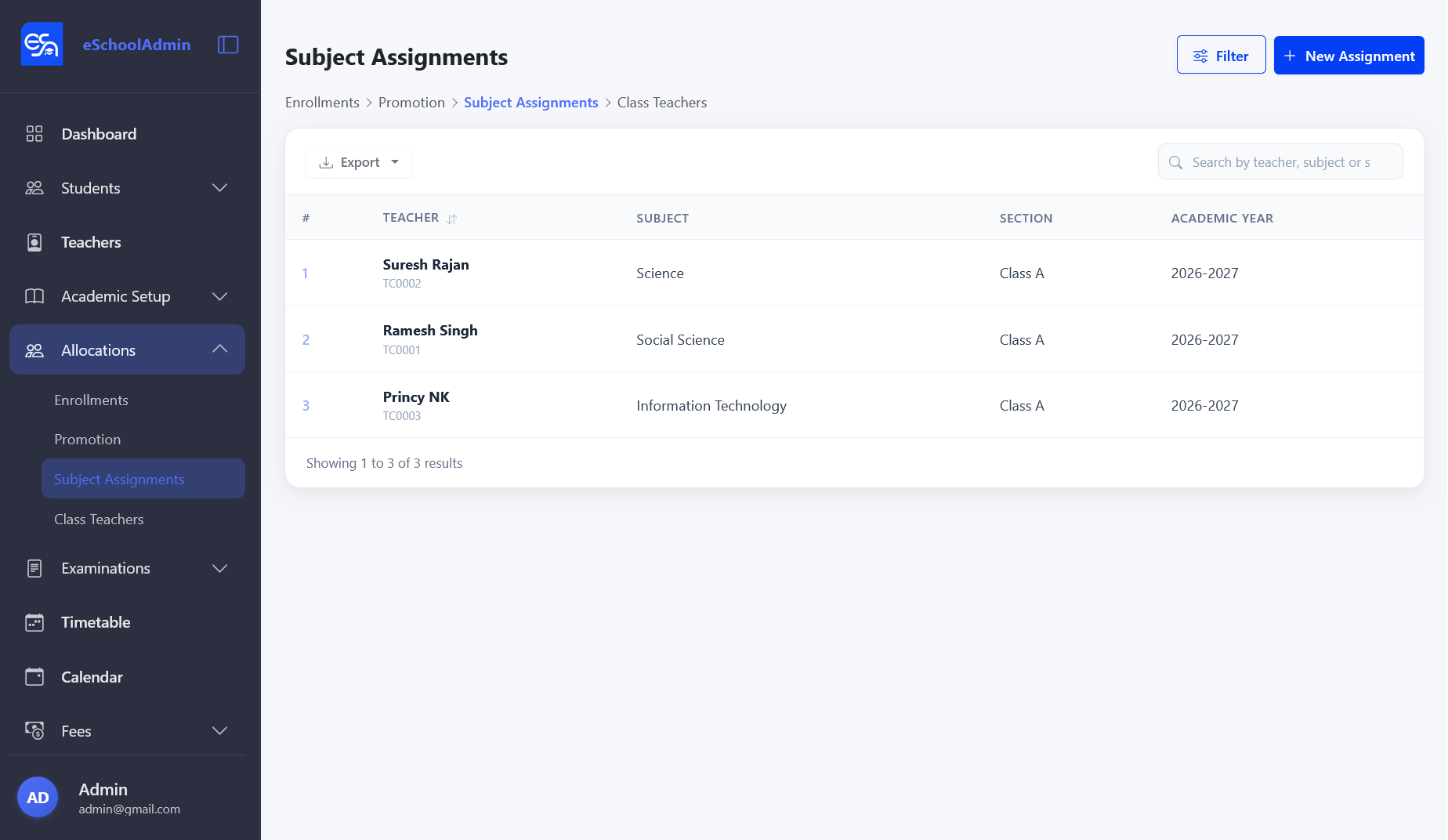 Subject Assignments list showing teacher, subject, section, and academic year