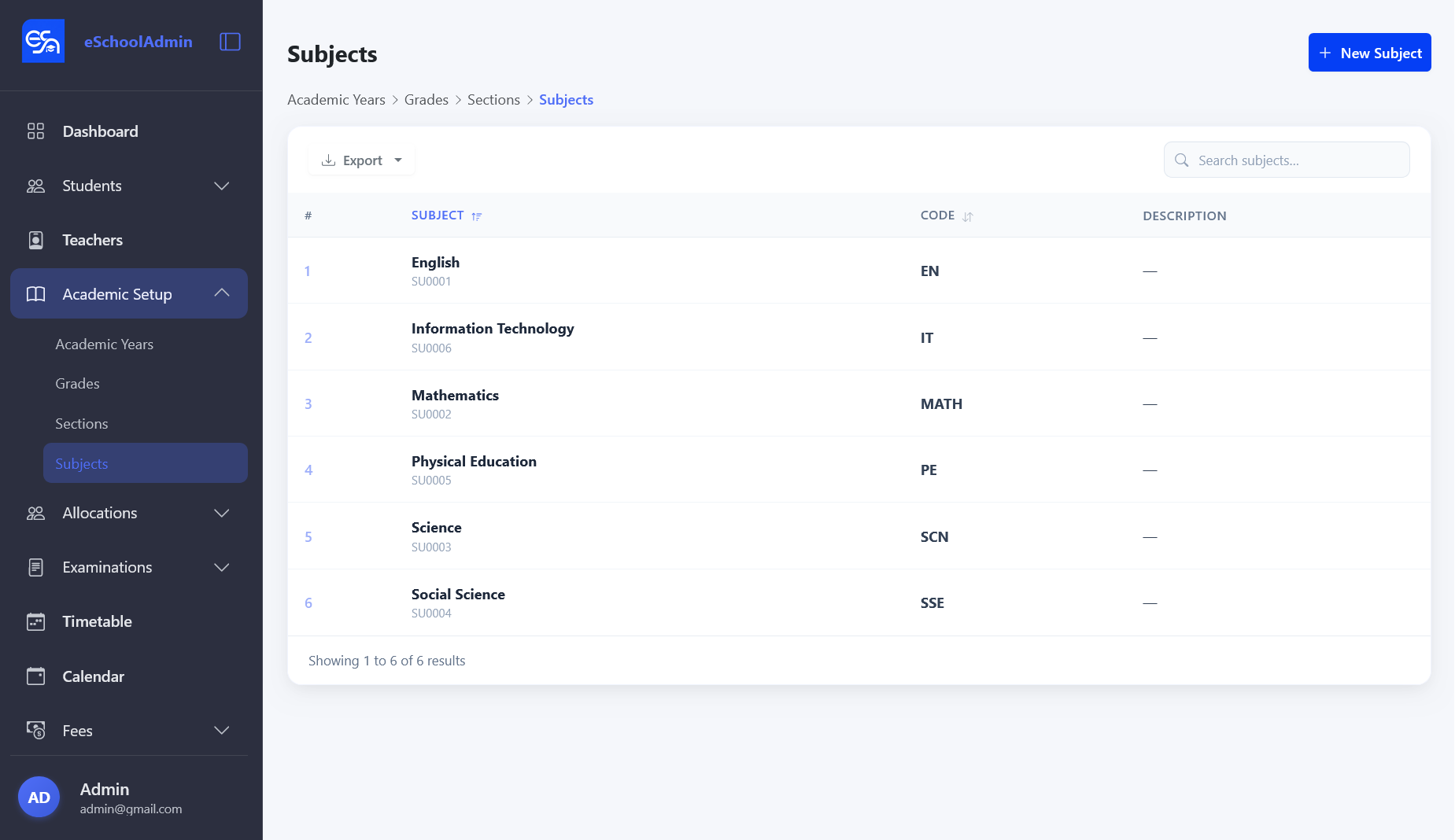 Subjects list showing English, IT, Mathematics, PE, Science, and Social Science