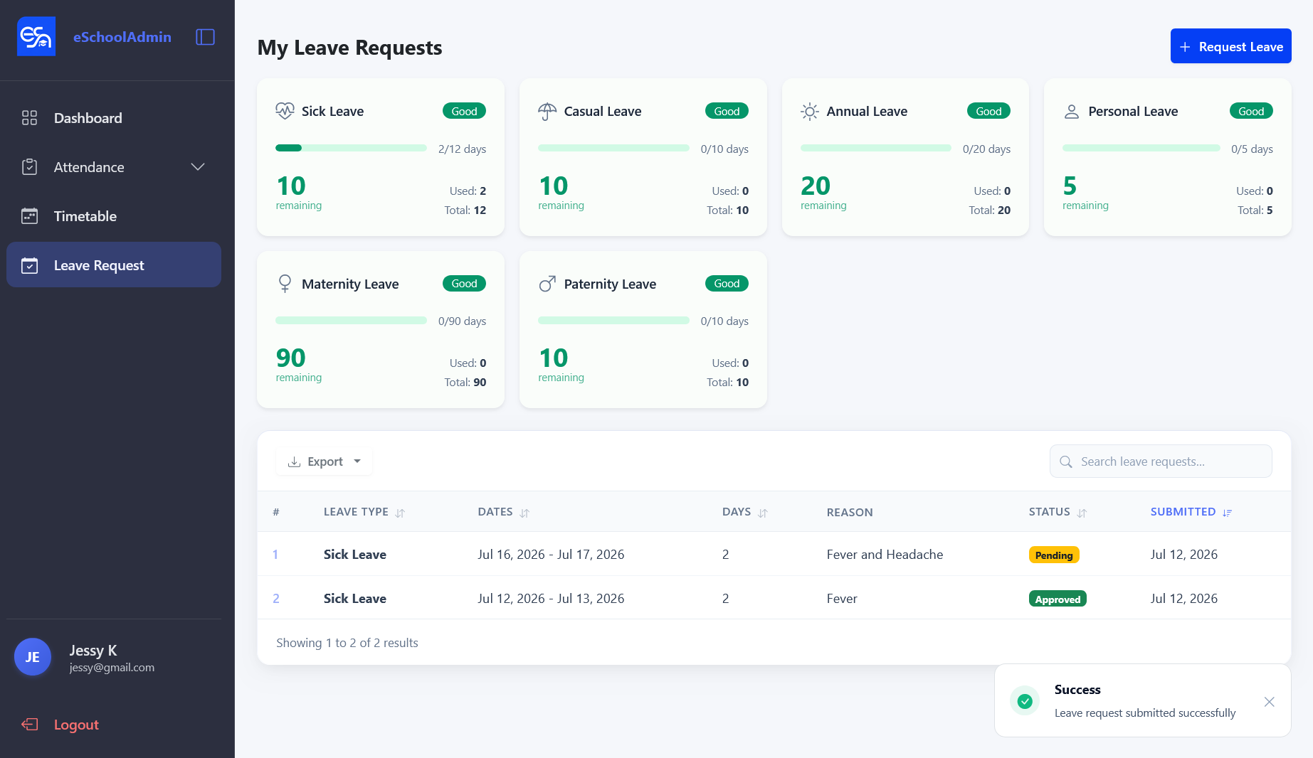 Teacher leave dashboard with balance cards and request history