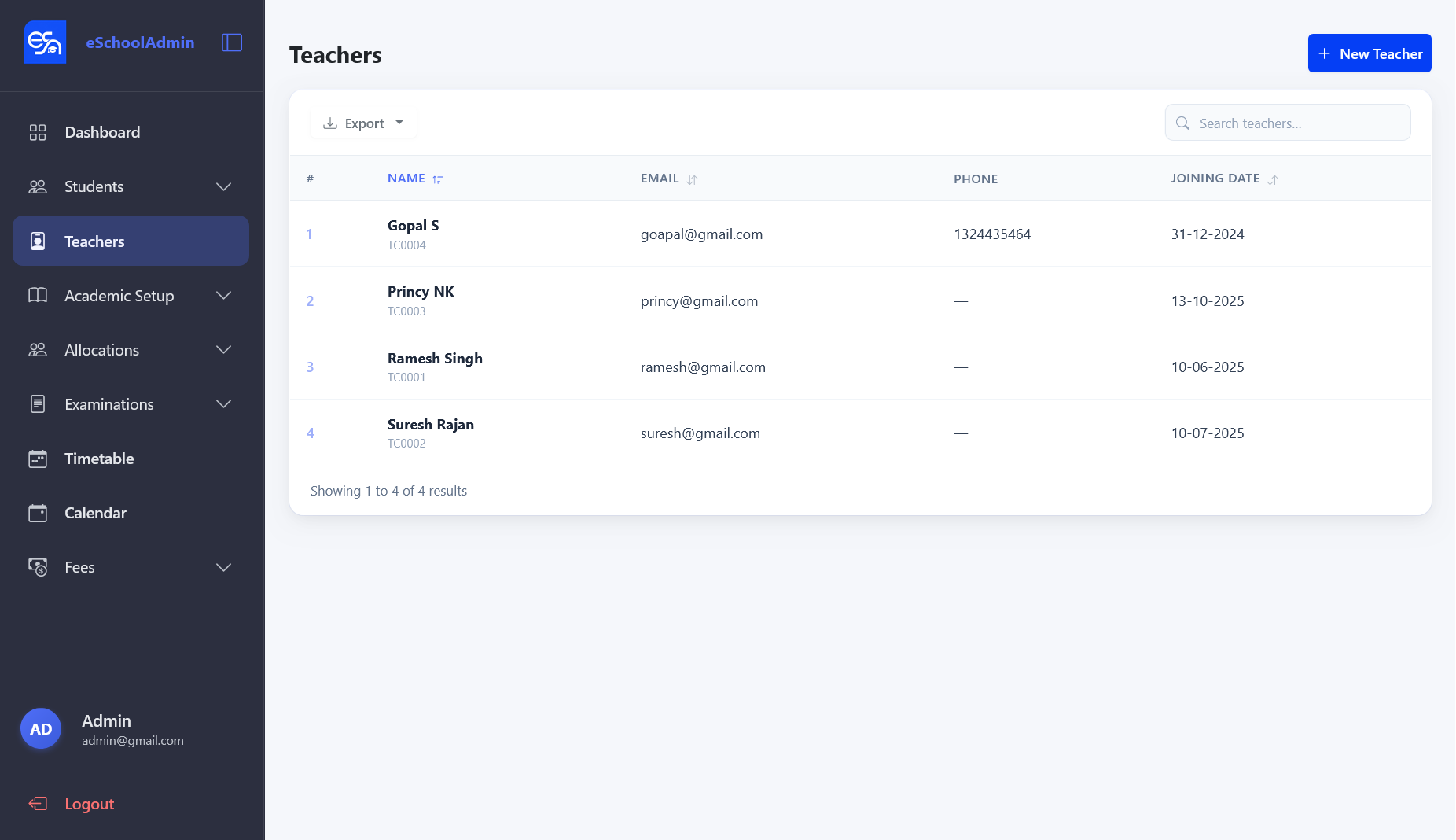Teachers list showing names, emails, phone numbers, and joining dates