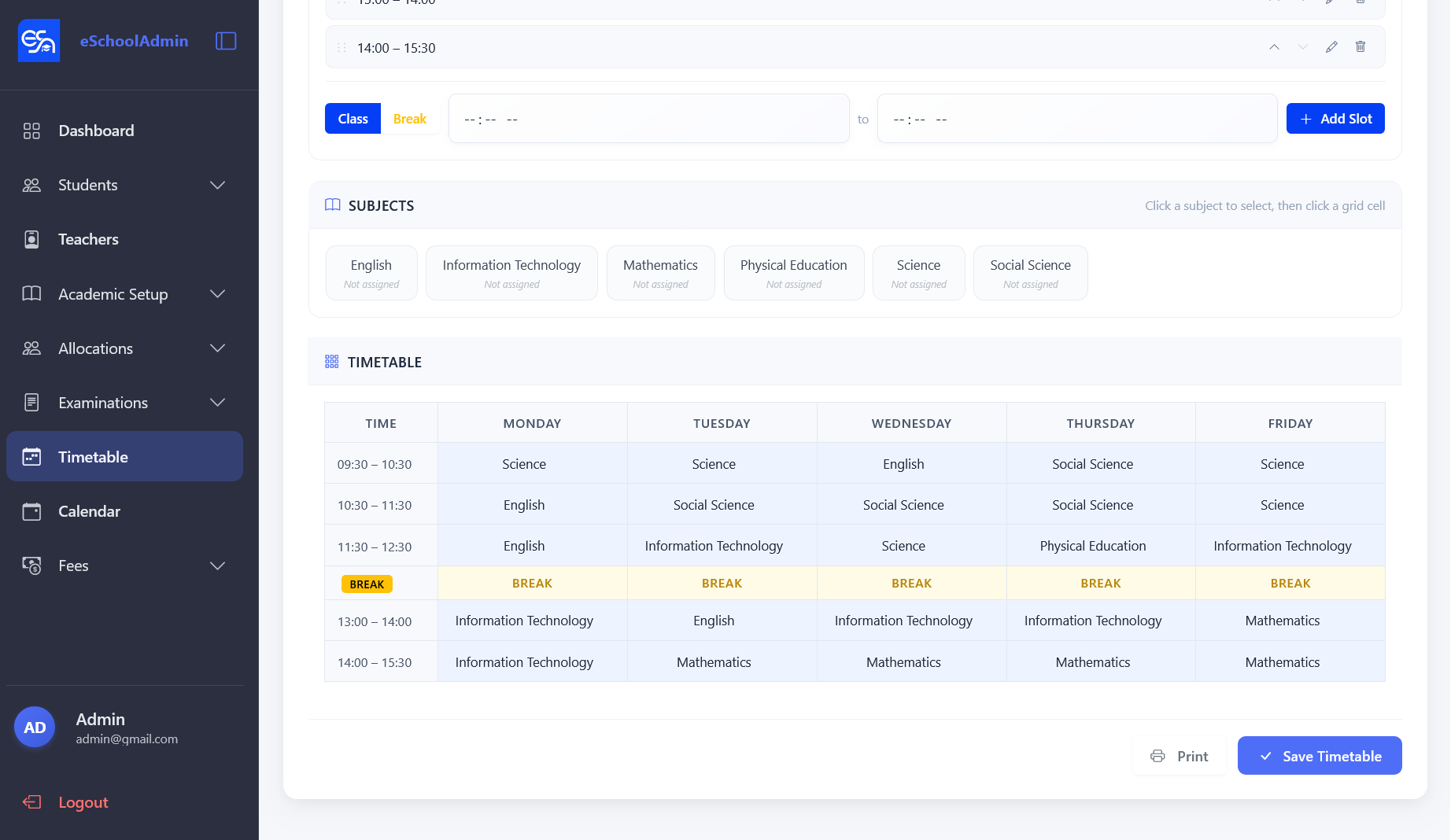Timetable generator showing a weekly schedule with subjects assigned to time slots